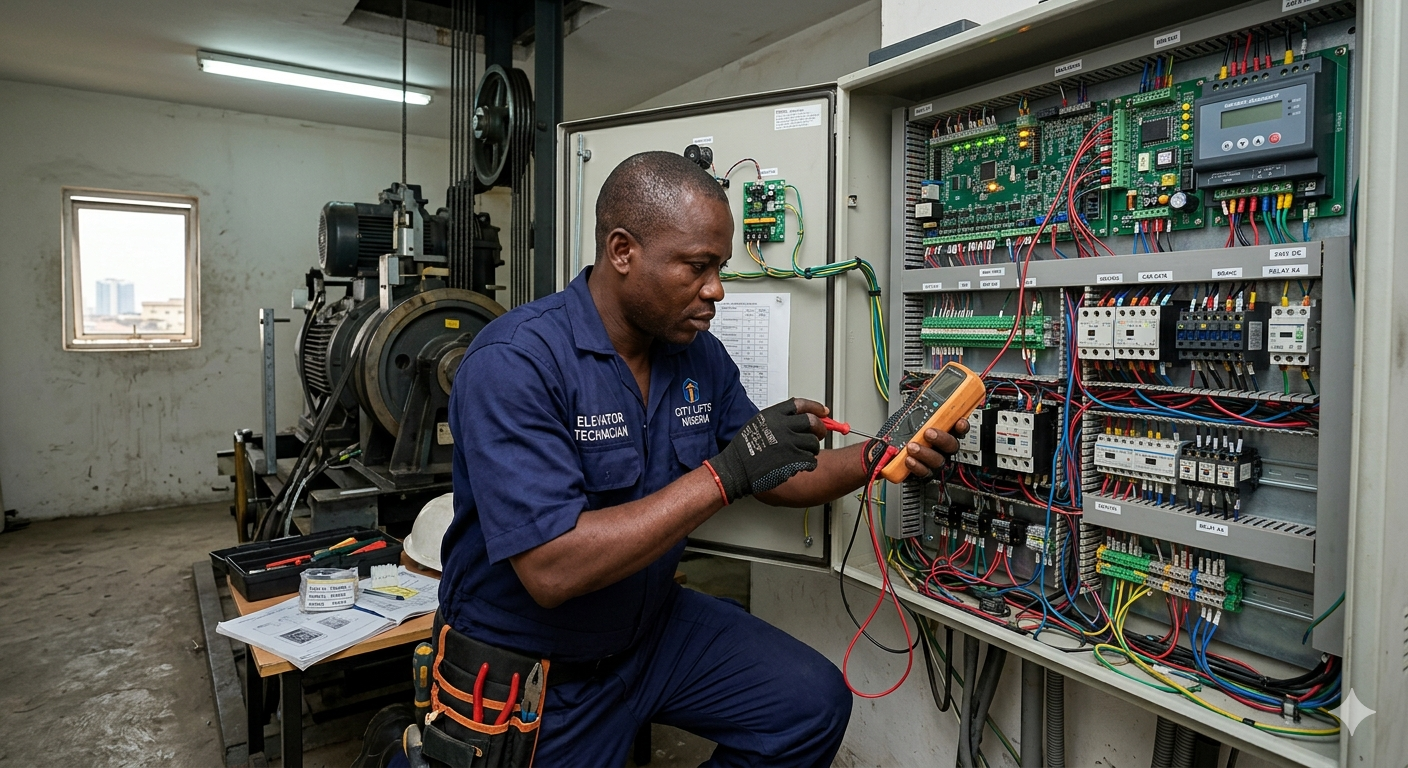 Technician working on elevator controller